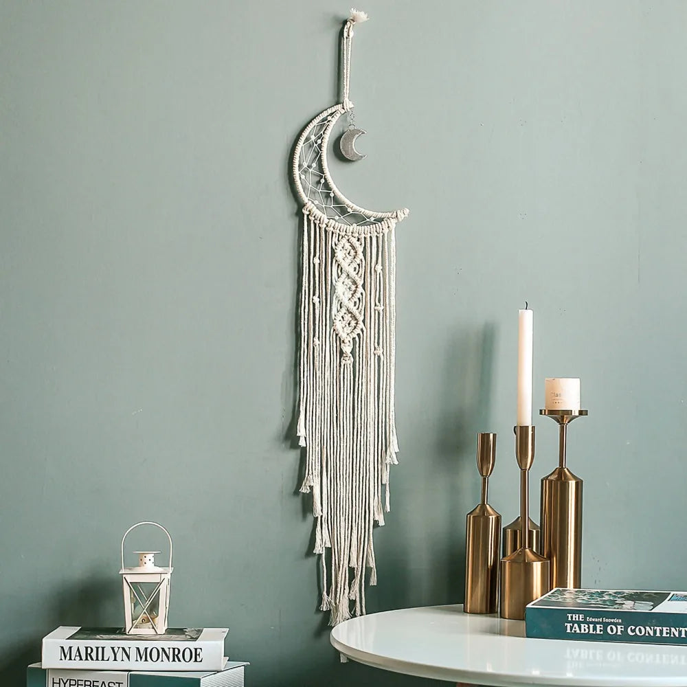 Moon Dream Catcher Cotton Macrame White Wall Hanging 94cm