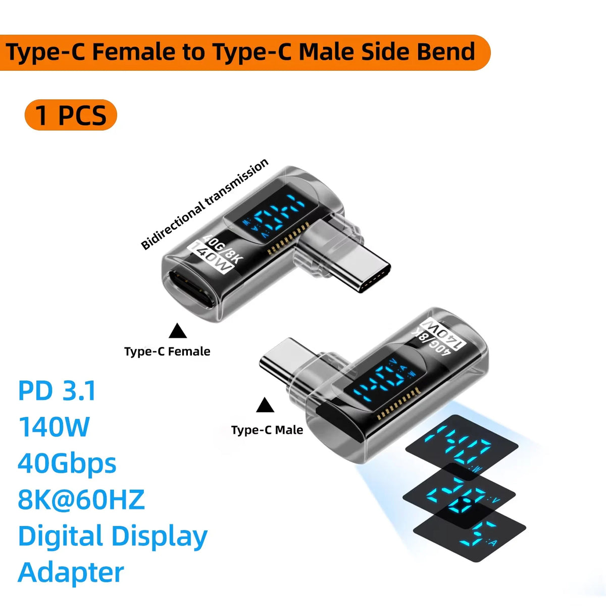 140W USB-C Elbow Adapter Digital Display 40Gbps 8K@60Hz