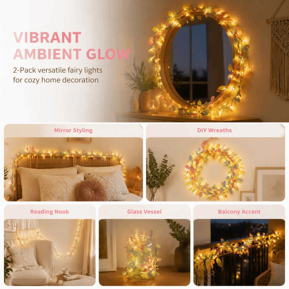 2-Pack Fabric Leaf Vine LED String Lights – 20 LEDs, 2m
