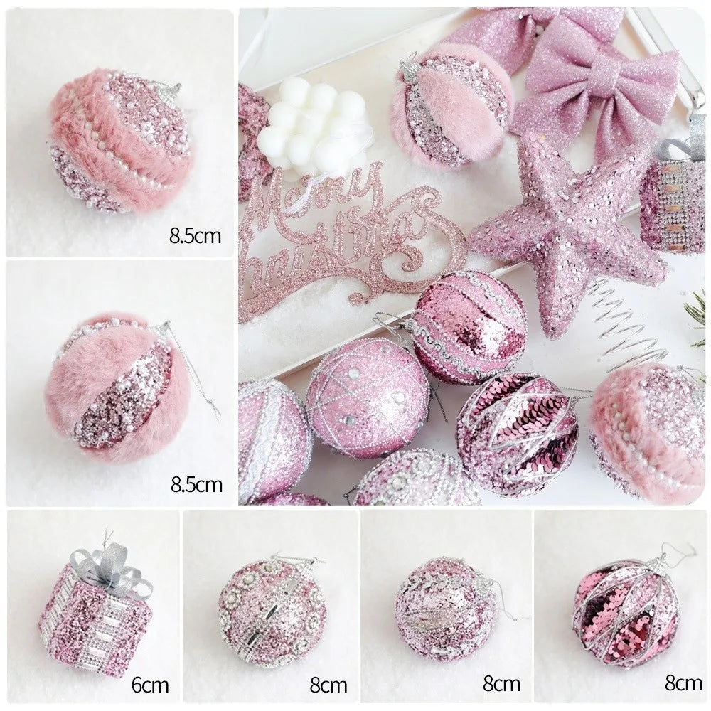 Pink Christmas Tree Ornaments – Foam Balls, Bows & Star Topper