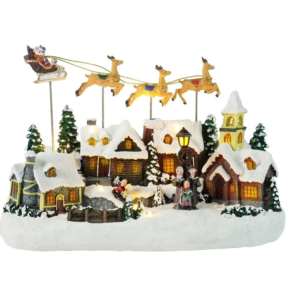 Resin Christmas Village LED Light Music Flying Reindeer Decor