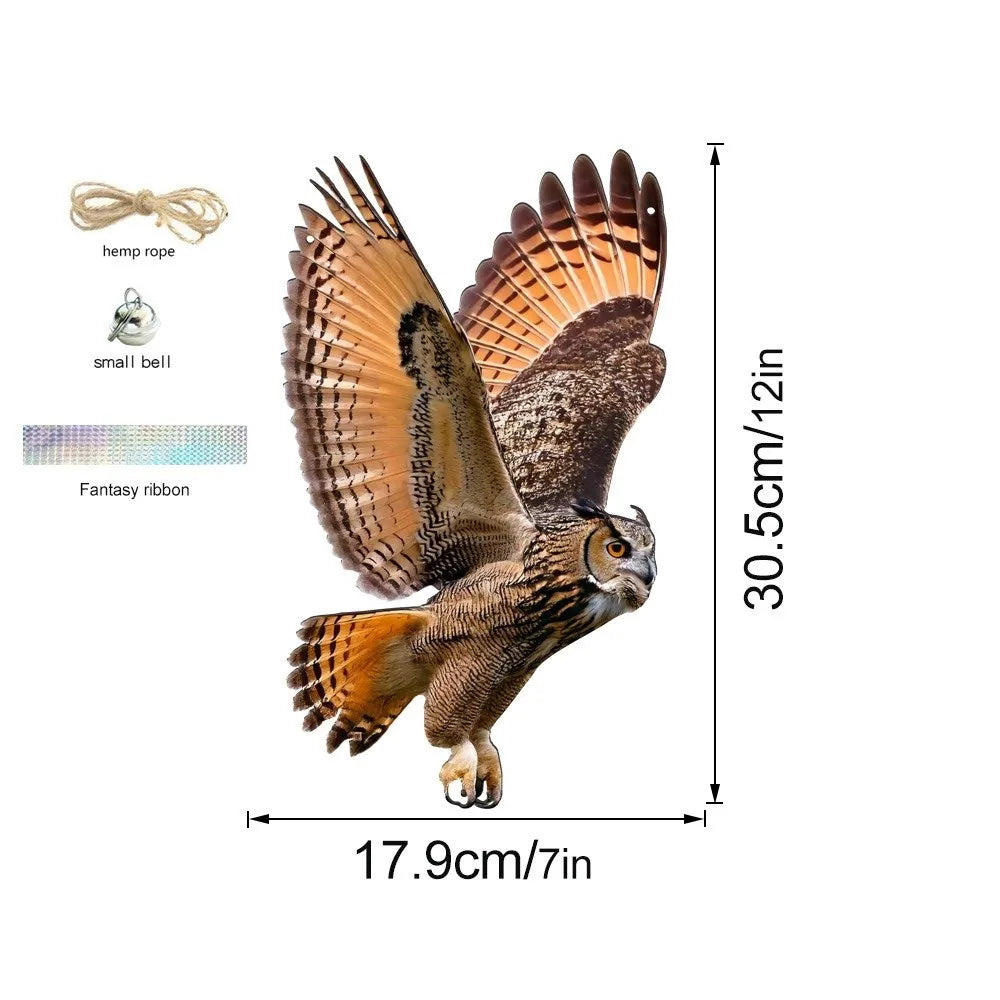 Waterproof Owl Bird Repellent Hanging Decoy with Bell & Reflector