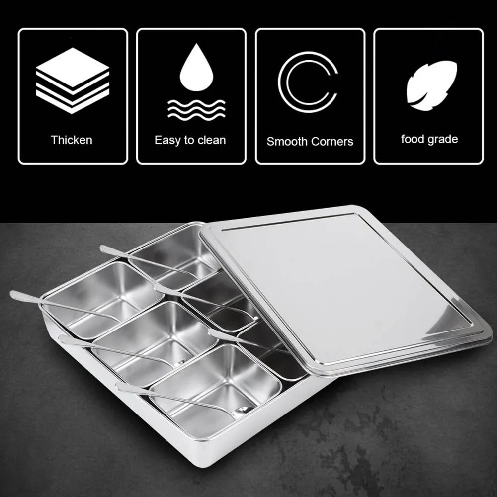 6-Grid Stainless Steel Masala Dabba Spice Organizer with Spoons