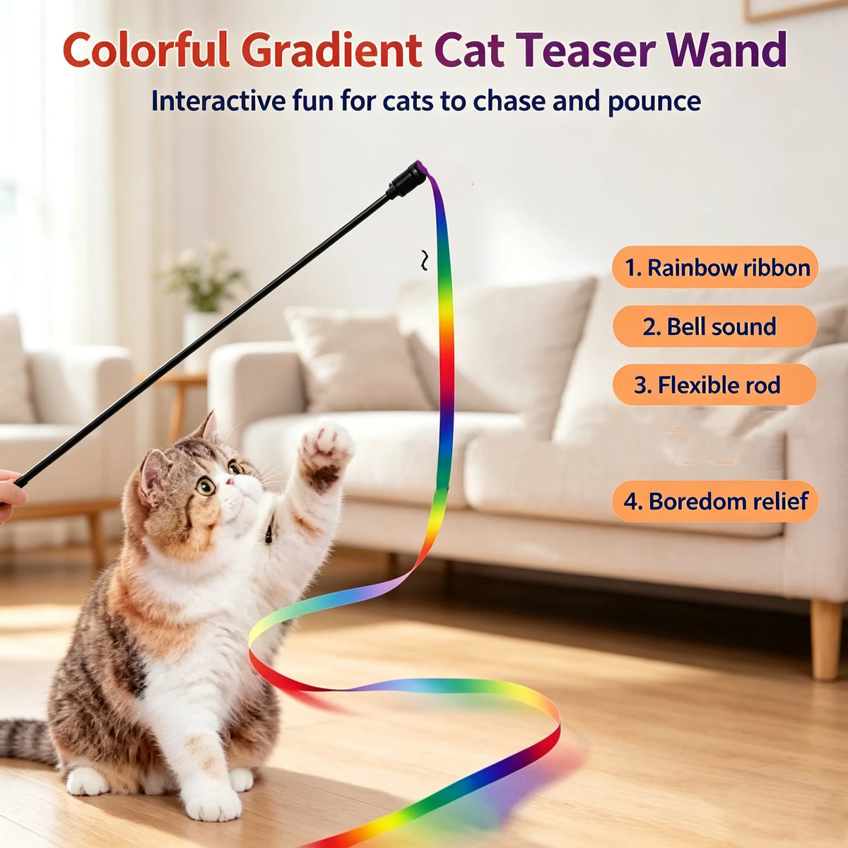Rainbow Ribbon Cat Teaser Wand – Interactive Kitten Toy