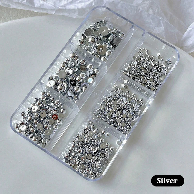 3D Gold & Silver Half Round Nail Art Studs – 6-Grid Box