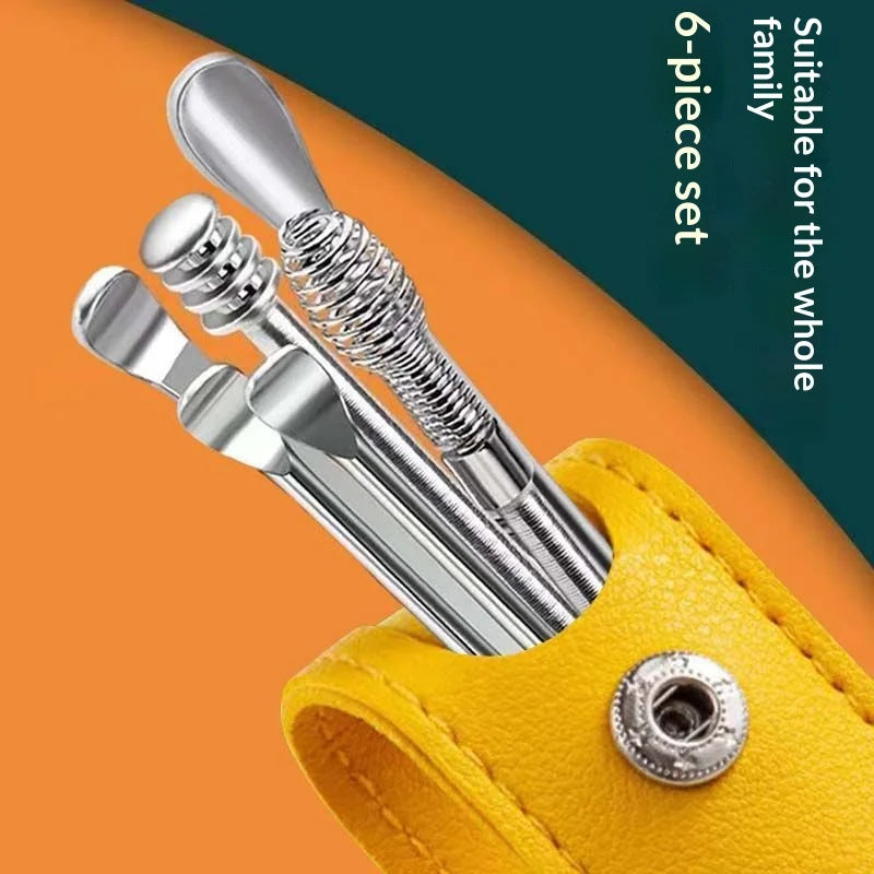 Stainless Steel Ear Pick Kit 6-Piece Set with Leather Case