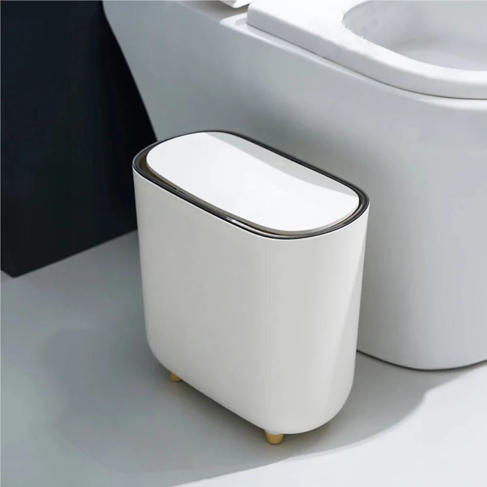Narrow Press-Top Trash Can with Lid for Bathroom Gaps