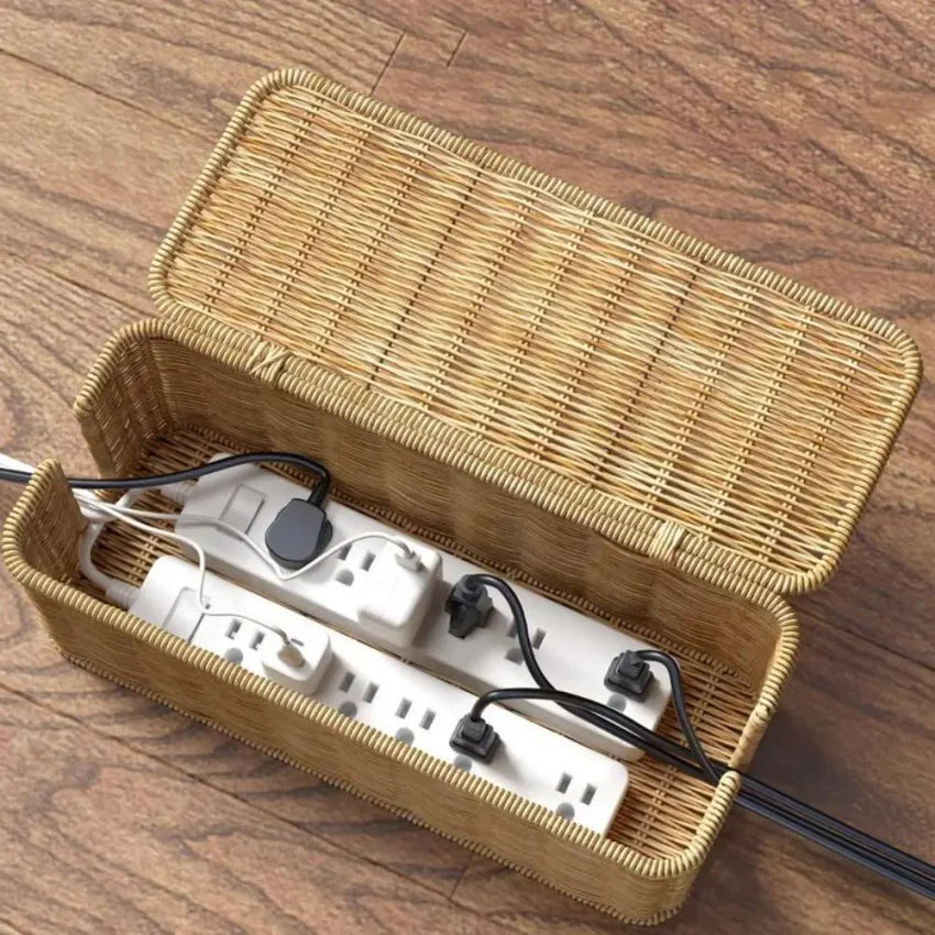 Handwoven Rattan Cable Management Box – Cord Organizer