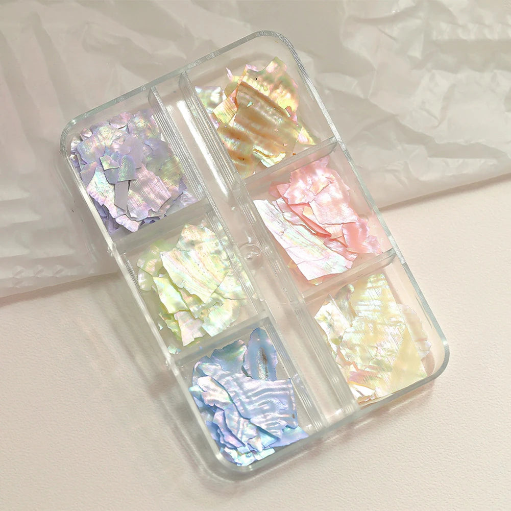 6-Grid Abalone Shell Nail Art Iridescent Pearl Flakes Manicure Set