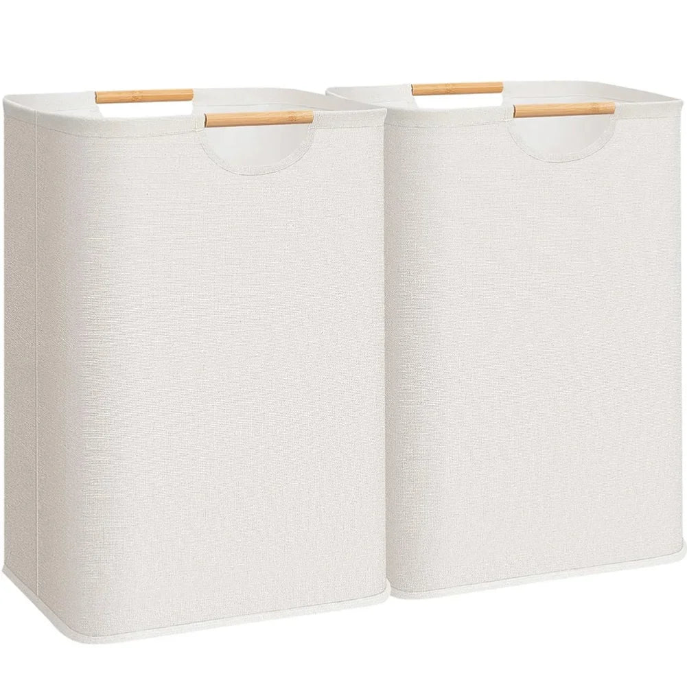 Collapsible Linen Laundry Basket with Wooden Handle