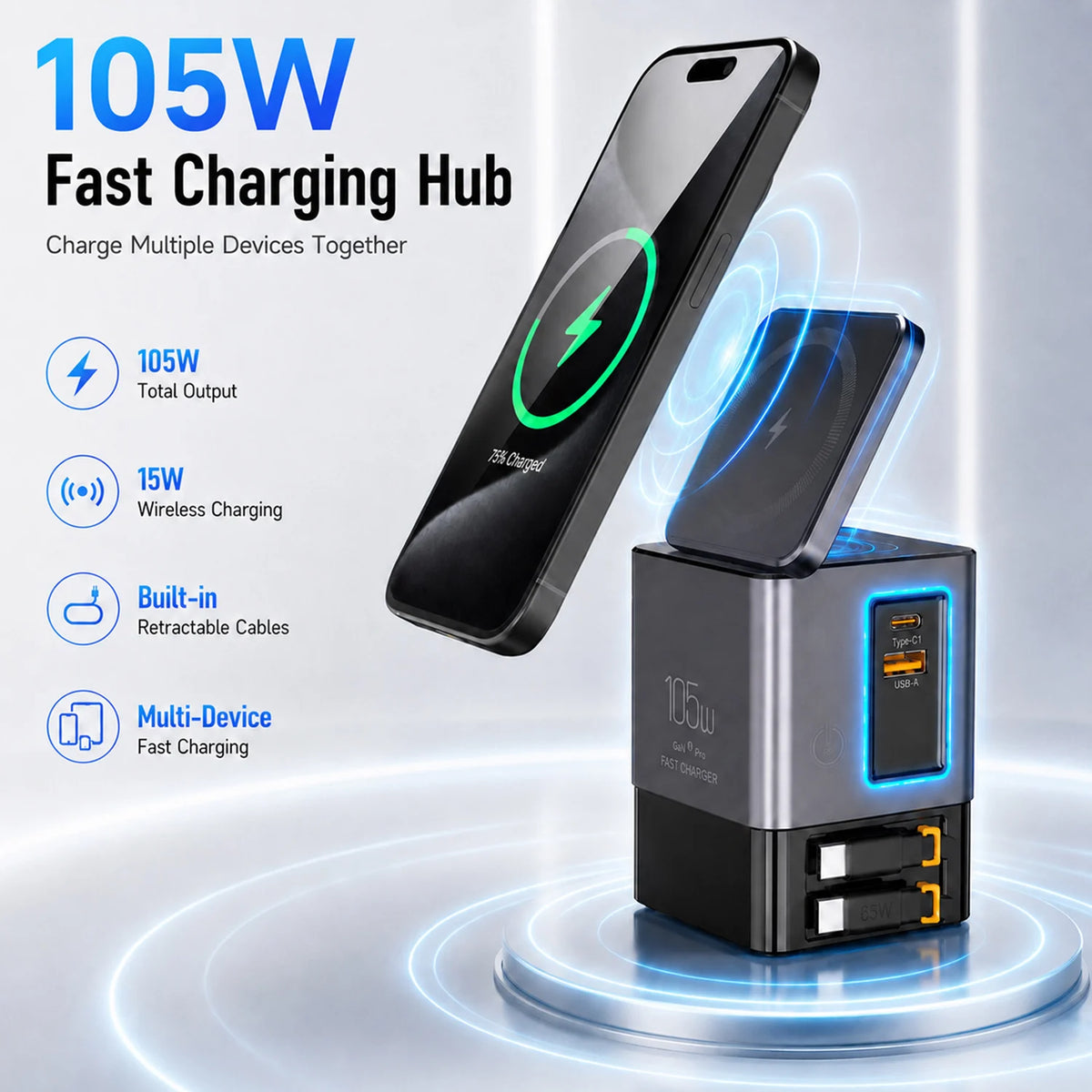 105W GaN Wireless Charging Station with Retractable USB-C