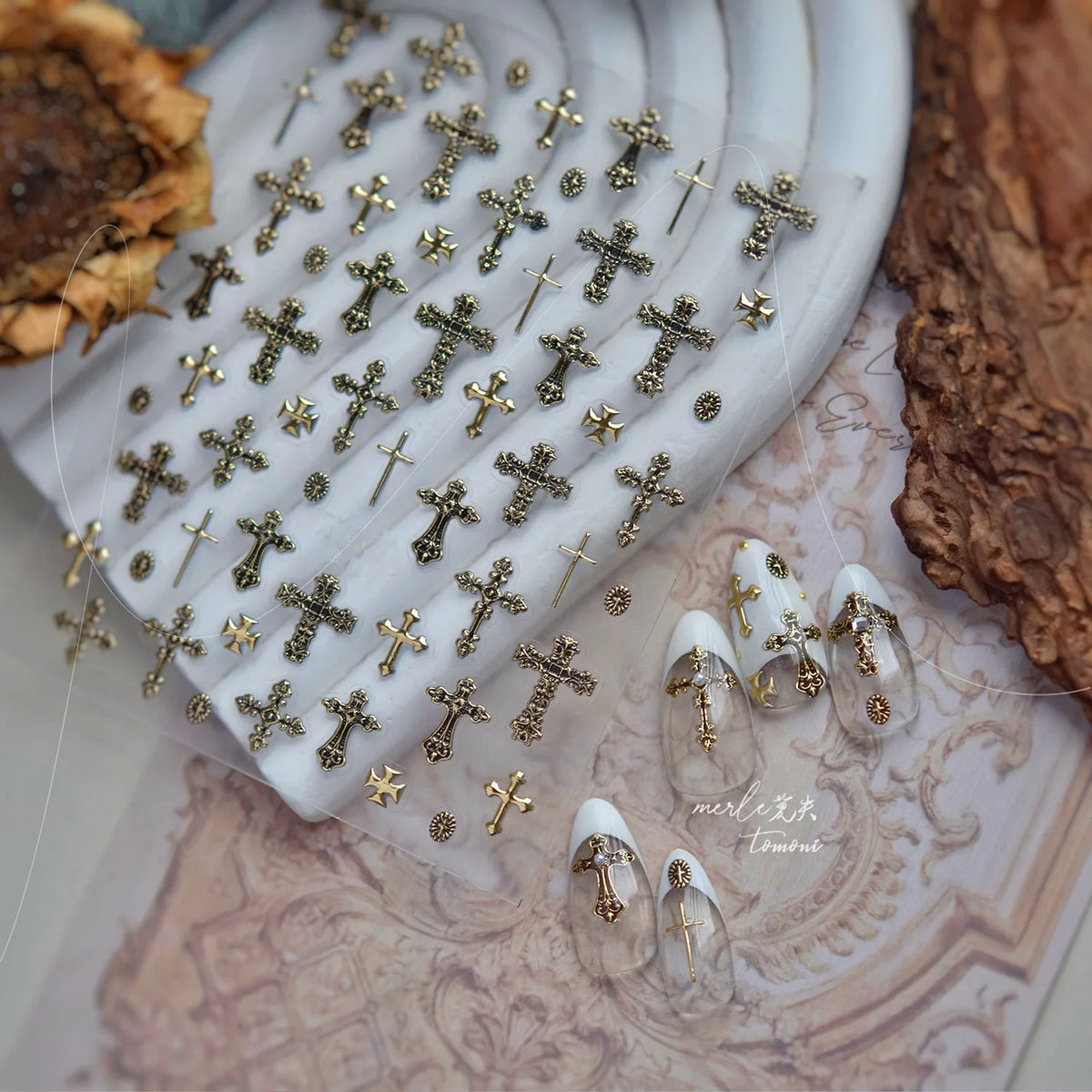 Dark Retro Cross Metal Nail Stickers – Self-Adhesive DIY Decals