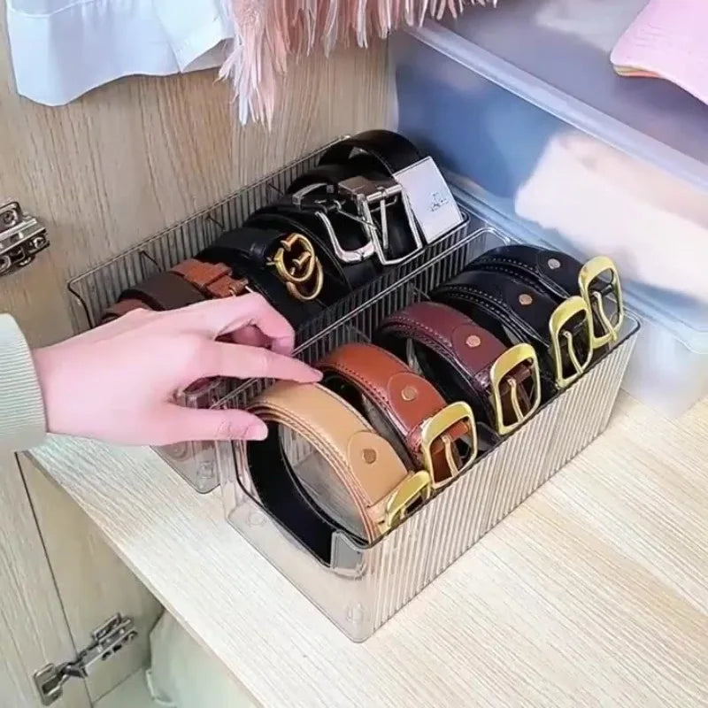 Transparent Belt & Tie Storage Box – 4-Compartment Organizer