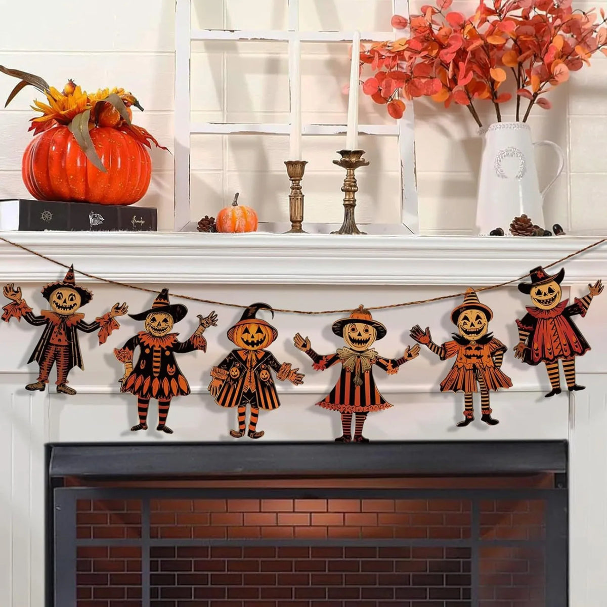Vintage Wooden Halloween Garland – Pumpkin & Witch Banner