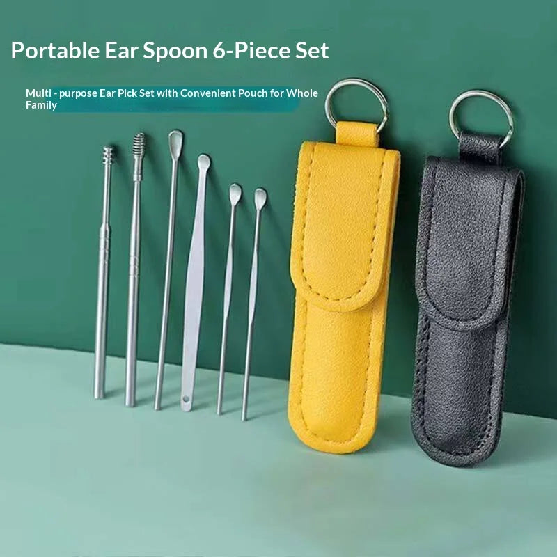 Stainless Steel Ear Pick Kit 6-Piece Set with Leather Case