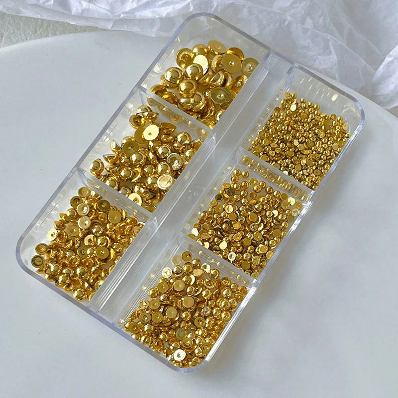 3D Gold & Silver Half Round Nail Art Studs – 6-Grid Box