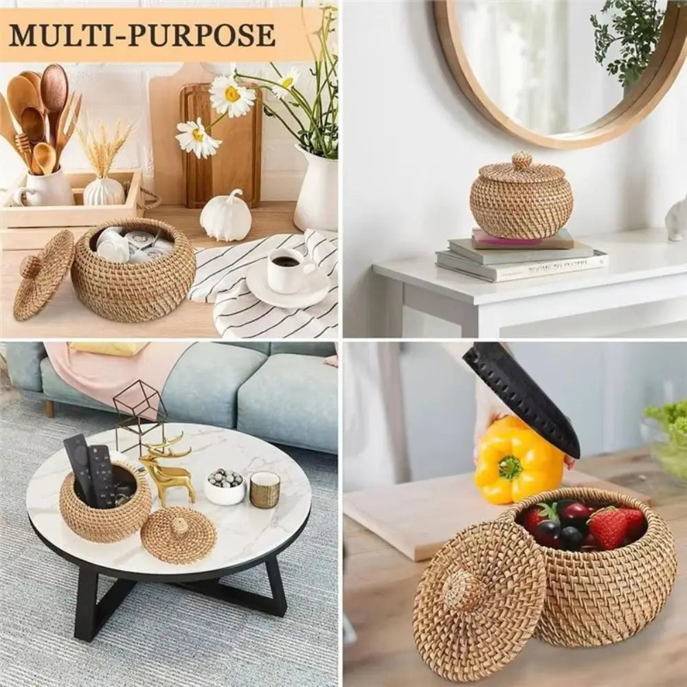 Handmade Round Rattan Basket with Lid – Wicker Storage Box