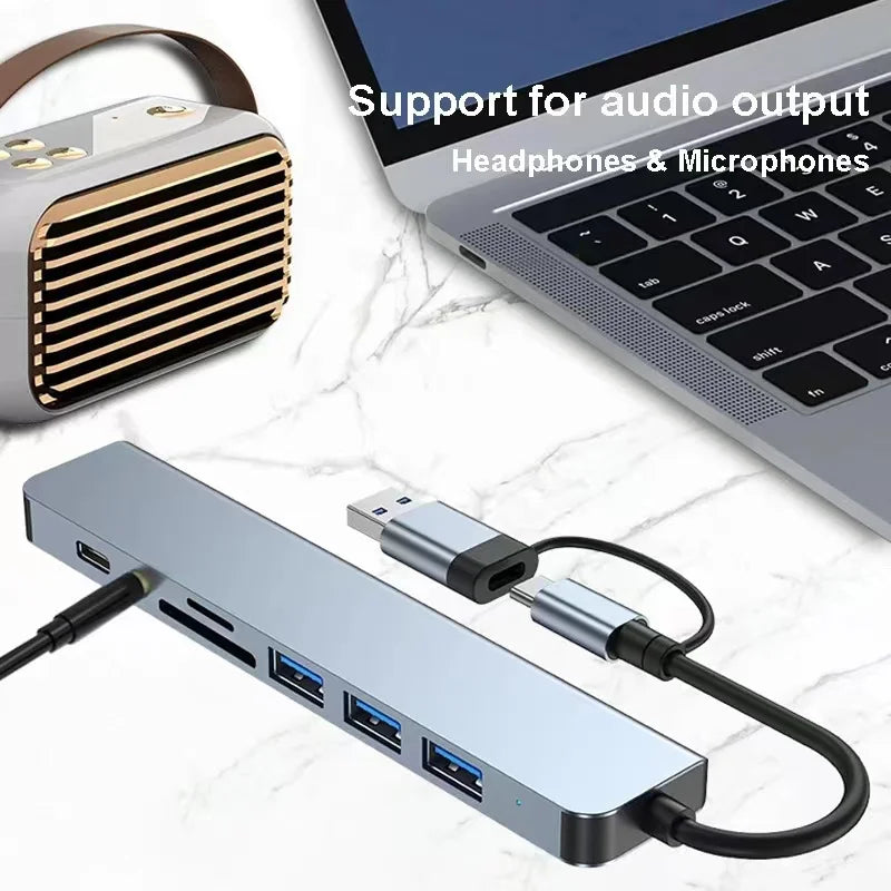 8-in-2 USB Hub – USB-C, USB 3.0 & SD/TF Card Reader Dock