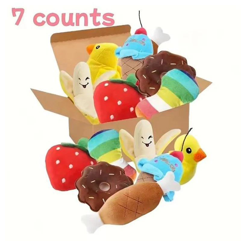 7-Piece Plush Squeaky Dog Toys – Fruit & Veggie Chew Set