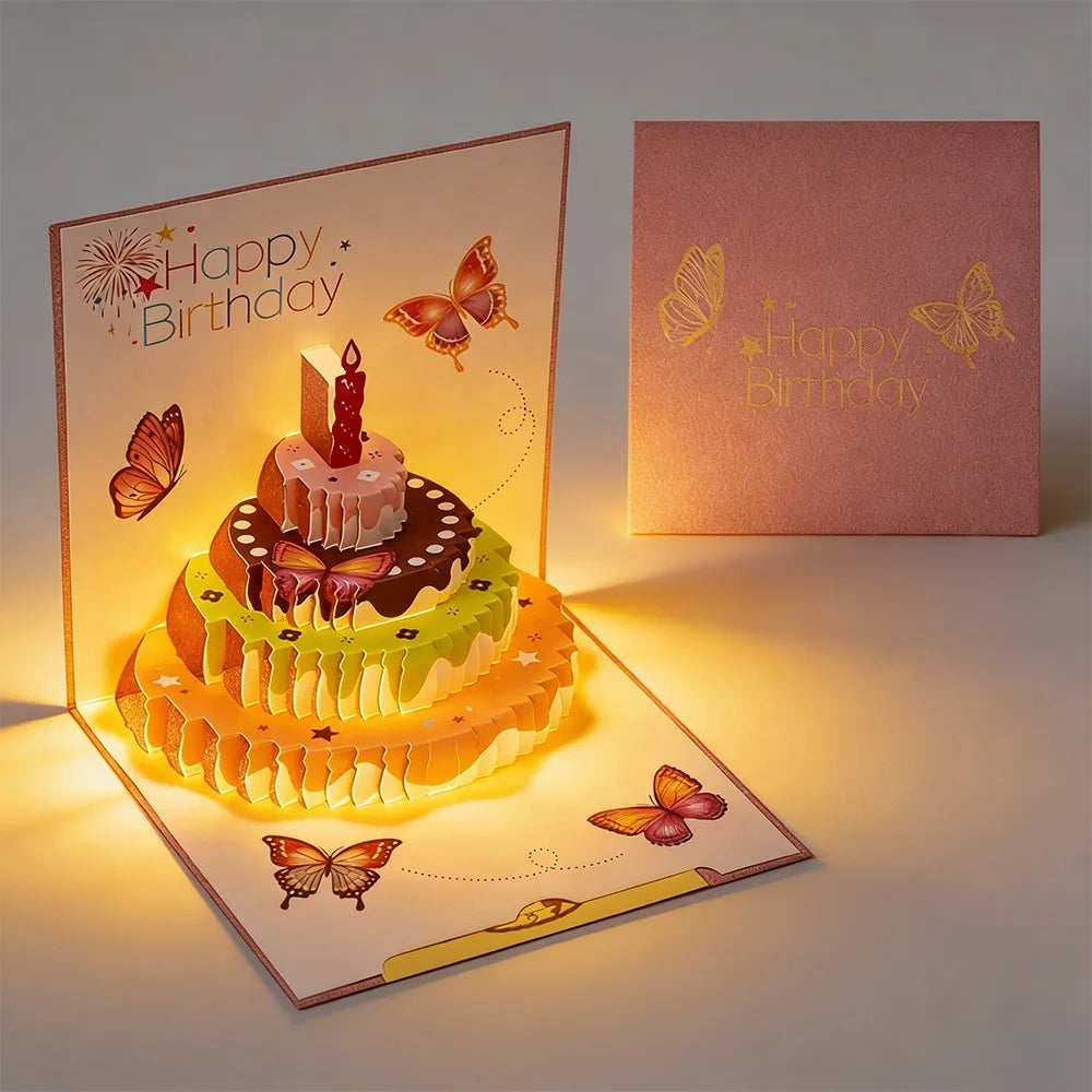 3D Pop-Up Musical Birthday Cake Card with LED Light & Envelope