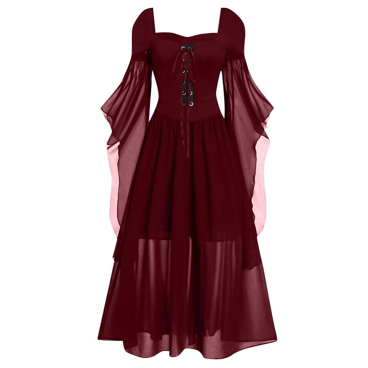 Women Gothic Off Shoulder Lace-Up Tiered Maxi Dress Halloween