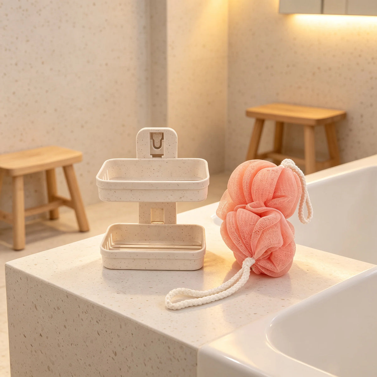 Wall Mounted Soap Dish Set with Bath Loofah Ball | No-Drill