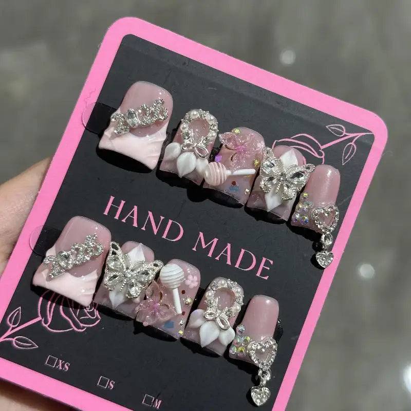 10Pcs French Tip Press-On Nails 3D Butterfly Duck Bill Short False Nails