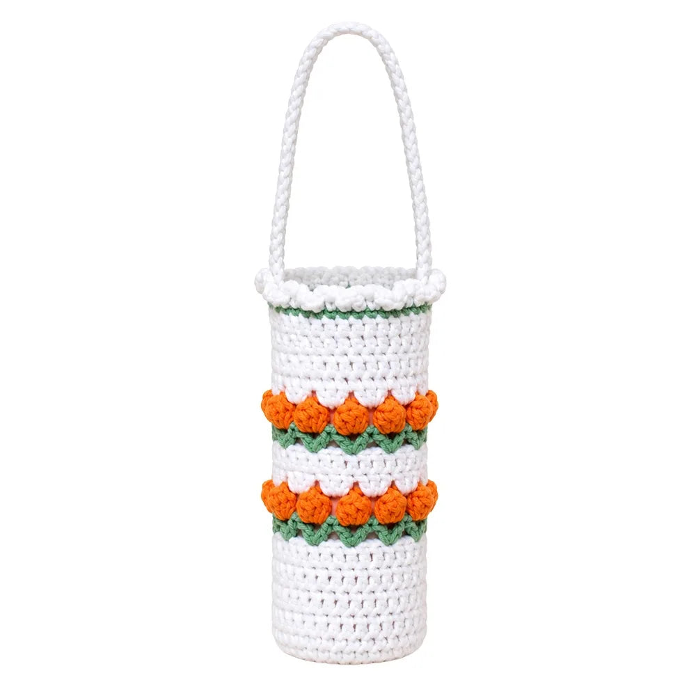 Handmade Knitted Crochet Water Bottle Cover with Carry Strap