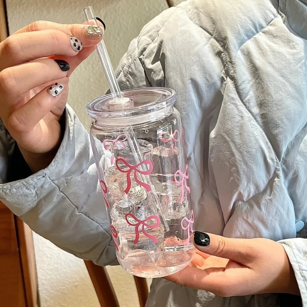 500ml Plastic Cup with Lid & Straw – Bowknot Pattern | VIBE