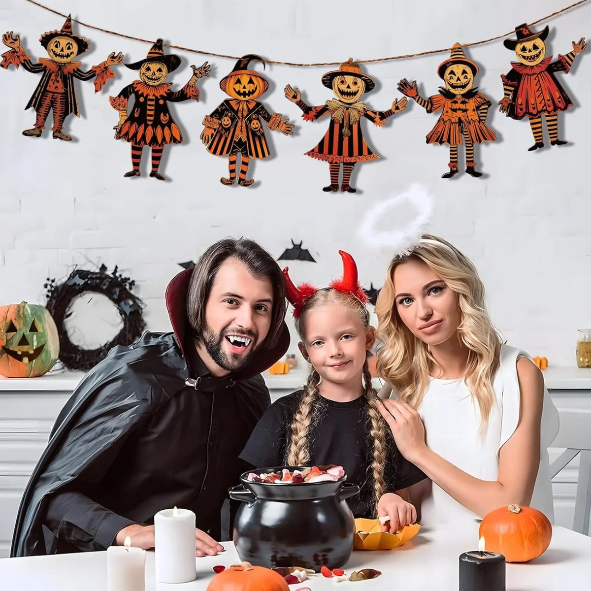 Vintage Wooden Halloween Garland – Pumpkin & Witch Banner