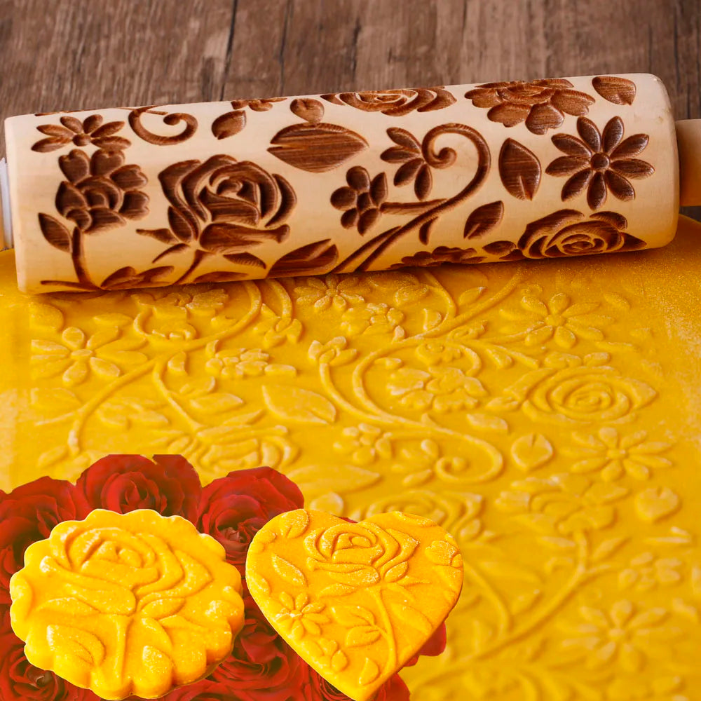 Rose Embossed Wooden Rolling Pin 13.7in – Pastry Baking Tool
