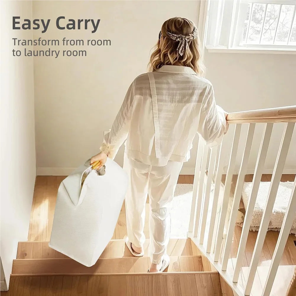 Collapsible Linen Laundry Basket with Wooden Handle