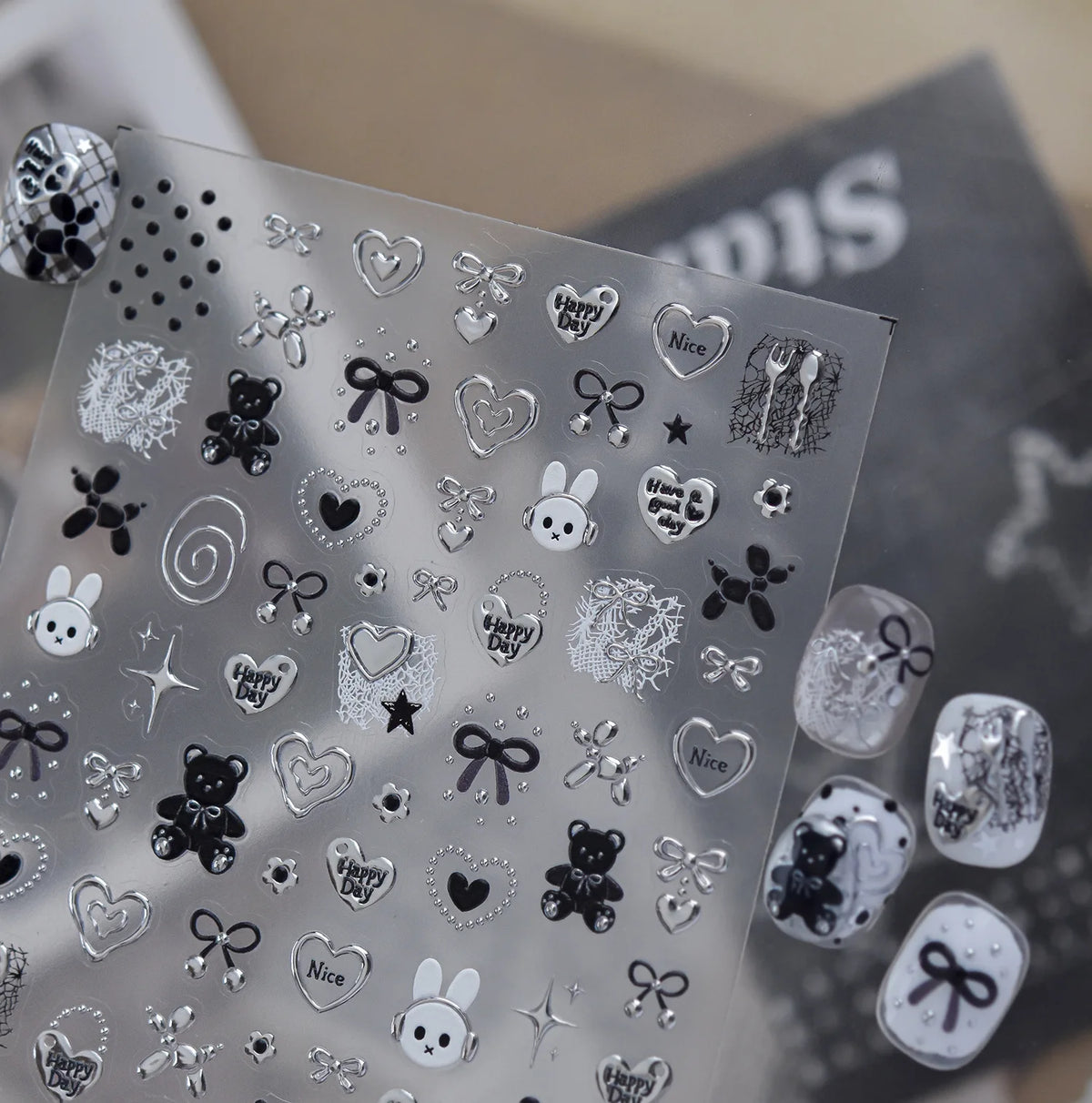 Retro Sweet Nail Stickers – Bear, Bow, Lace & Star Decals