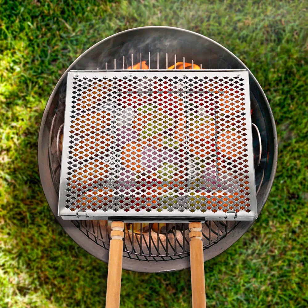 Stainless Steel BBQ Grill Basket with Dividers & Wood Handles