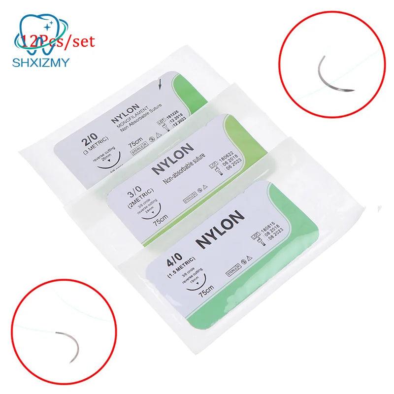 12-Pc Suture Practice Kit Nylon Needles 2/0 3/0 4/0 5/0 Training