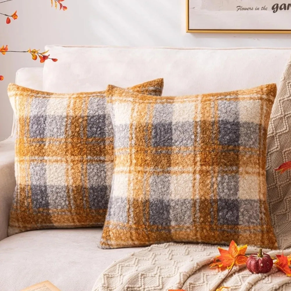 Plaid Plush Throw Pillow Cover 18x18 – Orange Red Boucle