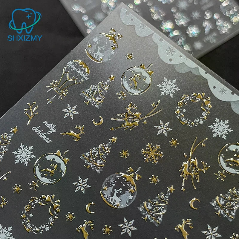 Christmas Nail Art Stickers – Gold Elk, Snowflake & Wreath