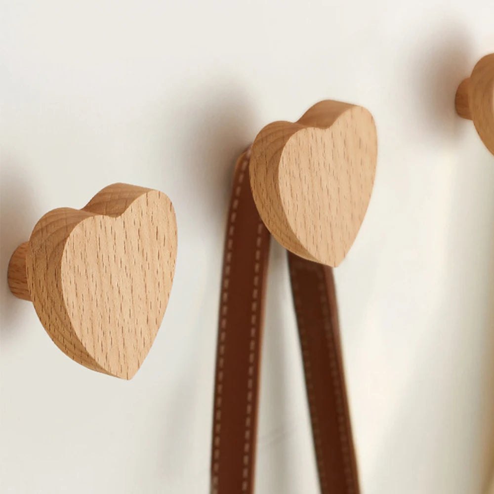 Wooden Heart Shaped Wall Hooks – Adhesive & Screw Mount