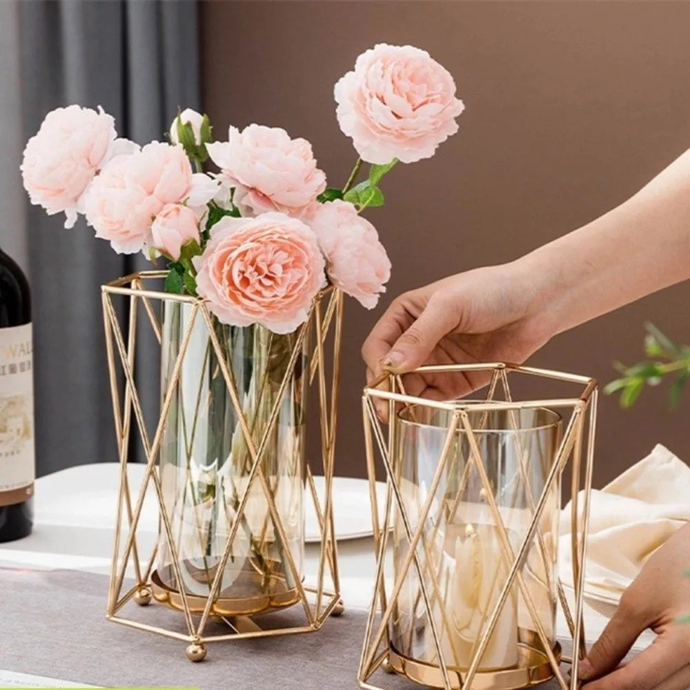 Metal & Glass Flower Vase – Nordic Decorative Hydroponic Vase