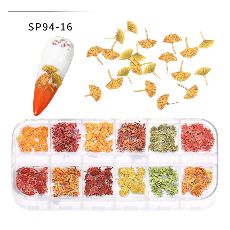 12-Grid Autumn Leaf Nail Sequins & Floral Charm Decoration Set