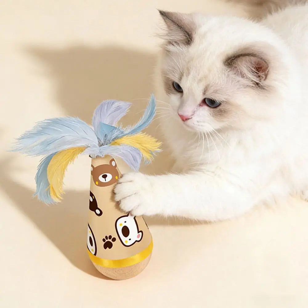 Wooden Tumbler Cat Toy – Interactive Feather Wobbler