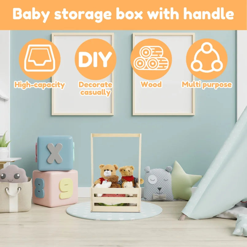 Wood Baby Storage Crate Basket with Portable Handle