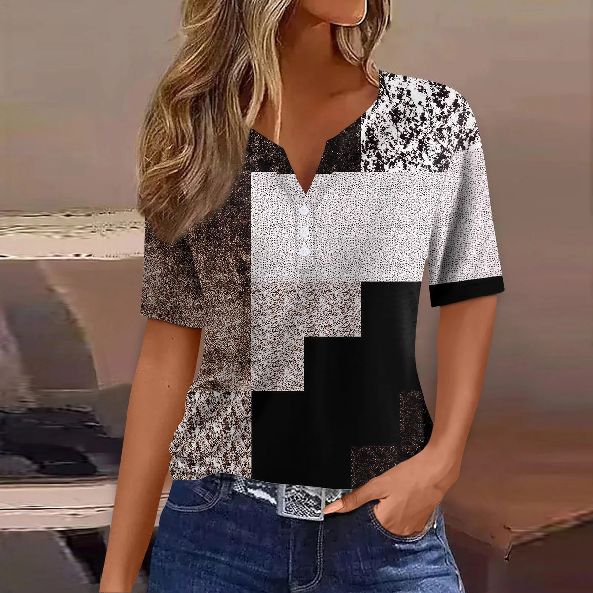 Women's Patchwork V-Neck T-Shirt Short Sleeve Casual Top S–XXXL
