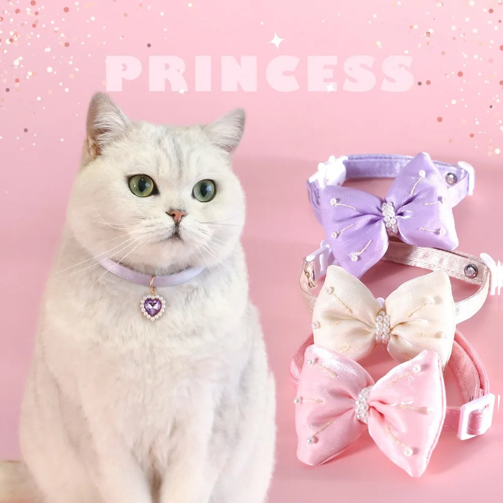 Adjustable Cat Collar with Heart Pendant & Bow Tie