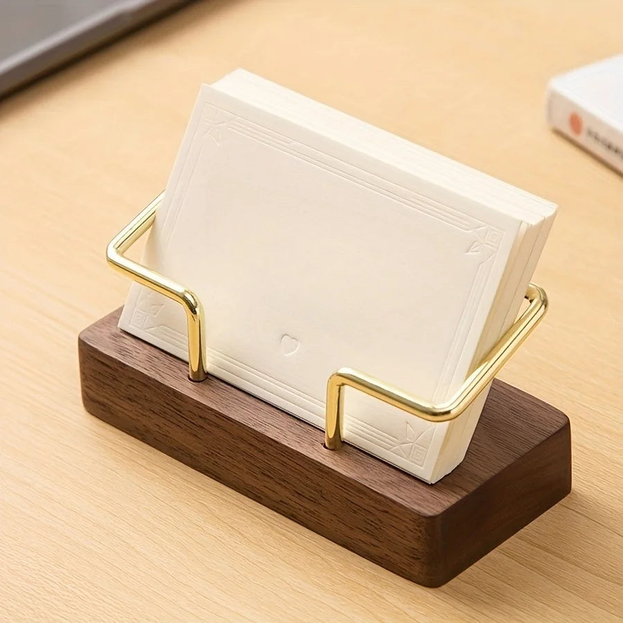 Wood & Gold Metal Business Card Holder Desk Display Stand