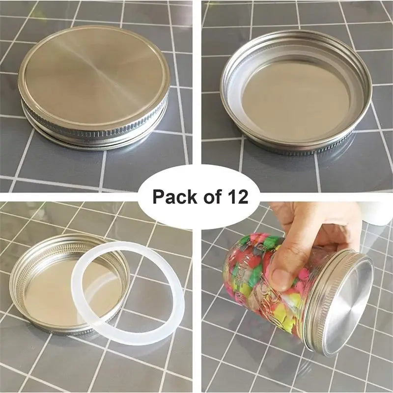 Stainless Steel Wide Mouth Mason Jar Lids 12-Pack | 86mm Silicone