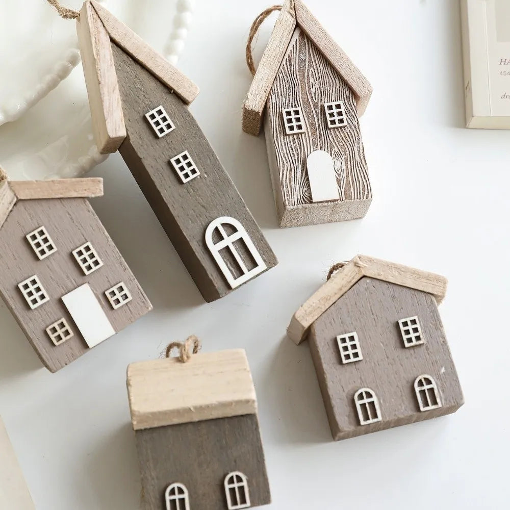 Wooden Christmas House Ornament DIY Log Cabin Village Pendant