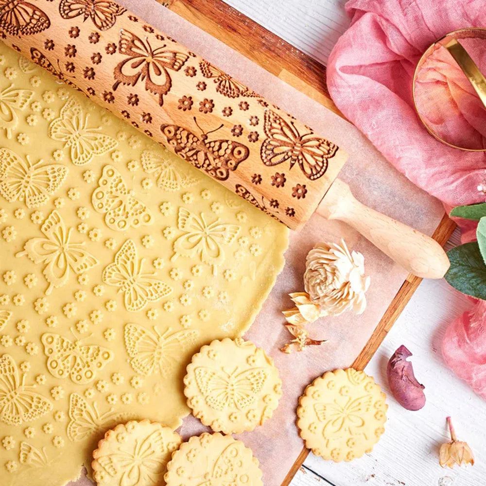 Wooden Embossed Rolling Pin – Butterfly & Floral Cookie Stamp