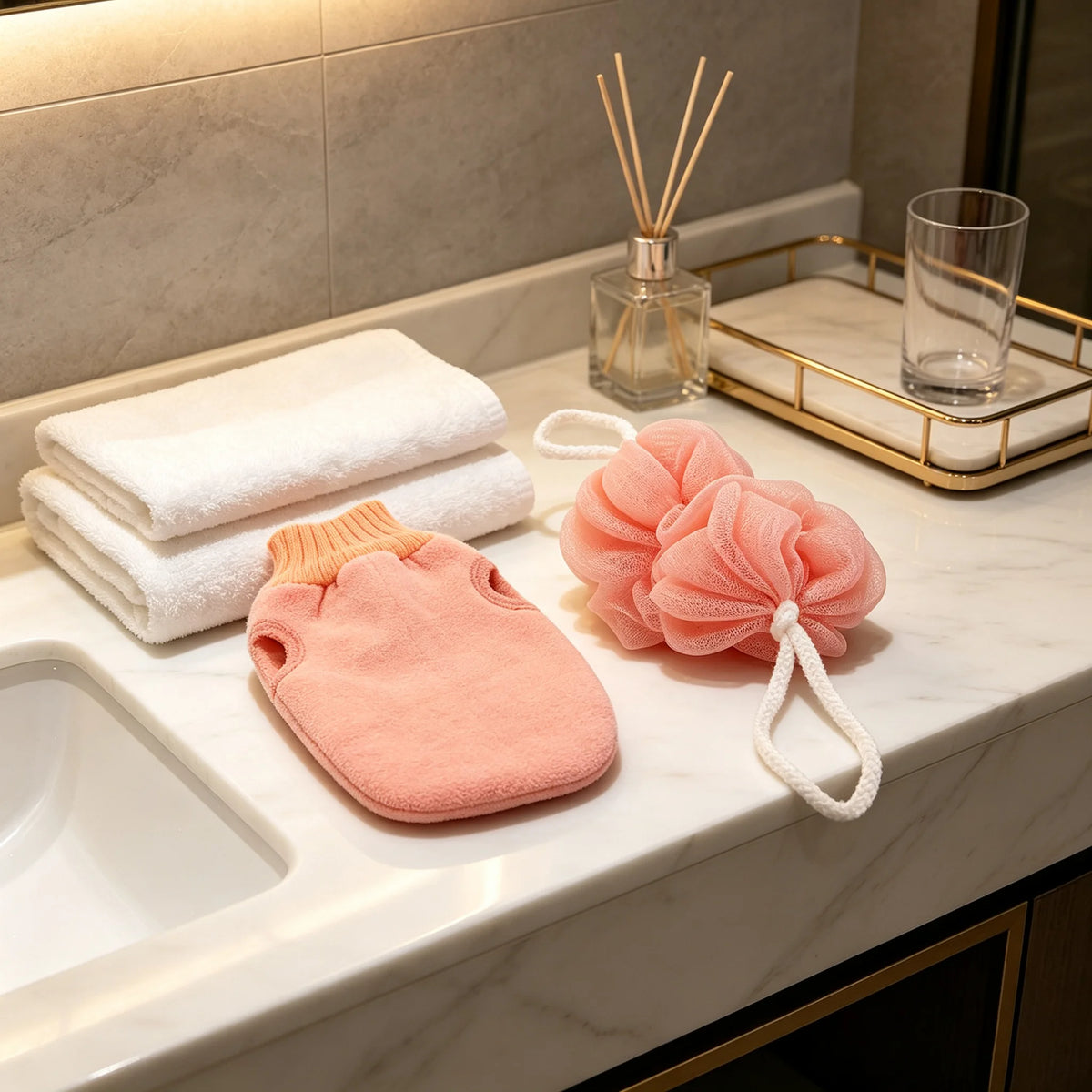 Bath Exfoliating Glove & Mesh Loofah Body Scrubber Set