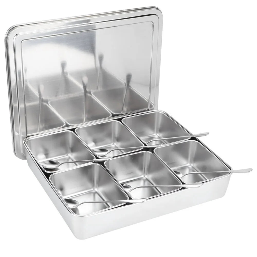 6-Grid Stainless Steel Masala Dabba Spice Organizer with Spoons